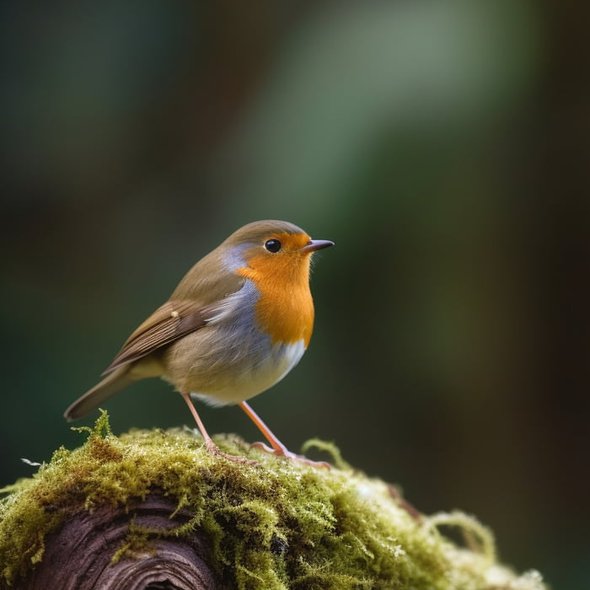 Robin on a mossy log