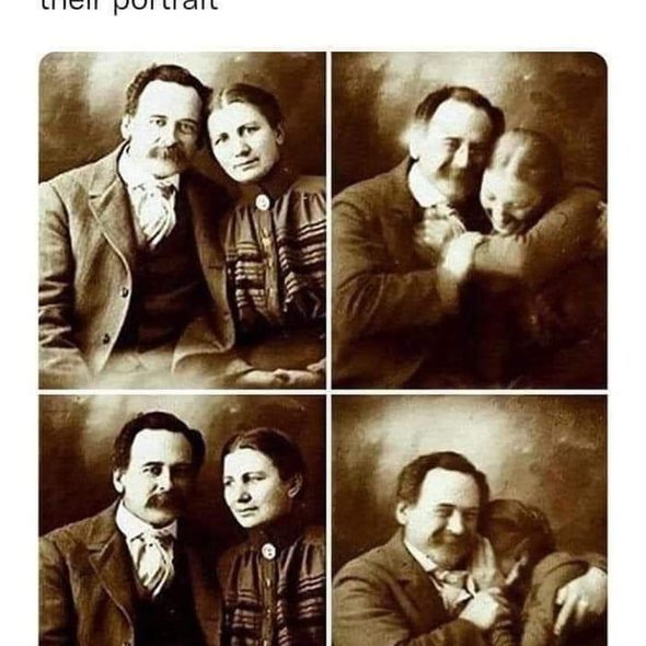 1800's couple trying not to laugh during their portrait